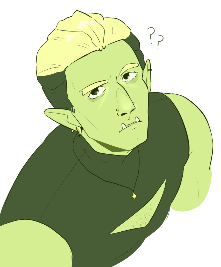 blonde_hair cleavage_cutout clothed clothing cutout drawfee_(copyright) drawtectives ear_piercing facial_piercing green_body green_skin green_theme gyorik_rogdul hair hi_res humanoid humanoid_pointy_ears jewelry male necklace nose_piercing not_furry orc piercing shirt solo topwear underbite zestoflemon