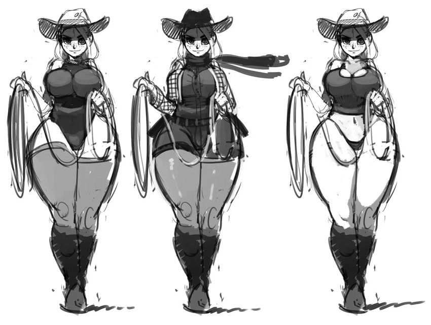 1girls alternate_costume applejack_(mlp) bare_legs bare_thighs belt big_breasts black_panties boots breasts cleavage cowboy_hat curvy female female_only freckles front_view full_body greyscale highleg_panties hips kevinsano lasso leotard monochrome my_little_pony narrow_shoulders navel no_pants panties pear_shaped scarf shorts sketch smile smooth_skin tank_top thick_thighs thighhighs thighs thin_arms thin_waist thong walking wasp_waist wide_hips