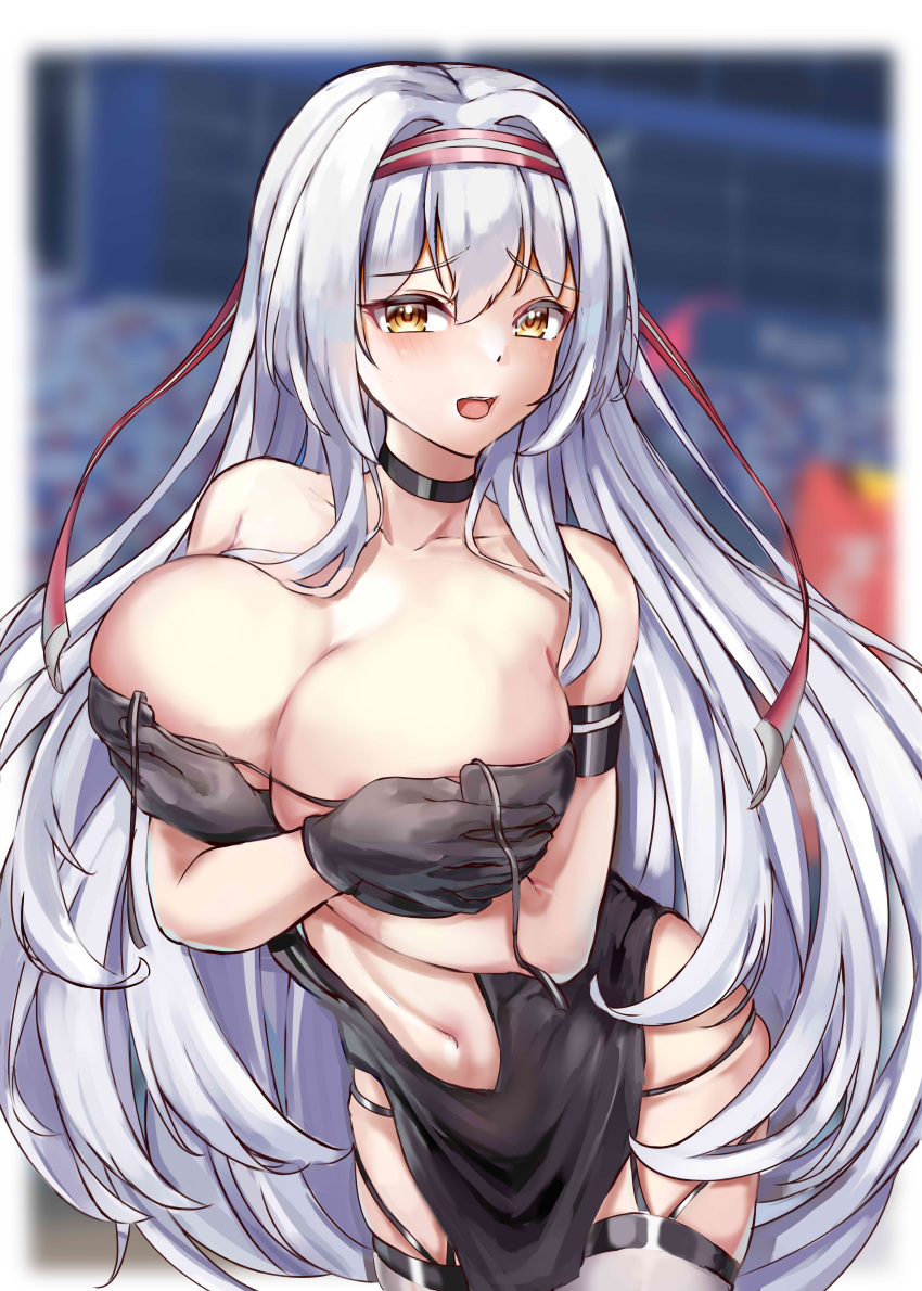 absurdres azur_lane bad_id bad_pixiv_id breasts choker cleavage cosplay covering_breasts covering_privates dress female grey_hair hachimaki hairband headband highres historical_name_connection kanesada_dp kantai_collection large_breasts long_hair name_connection official_alternate_costume race_queen racetrack shoukaku_(azur_lane) shoukaku_(azur_lane)_(cosplay) shoukaku_(kancolle) shoukaku_(sororal_wings)_(azur_lane) thighhighs yellow_eyes