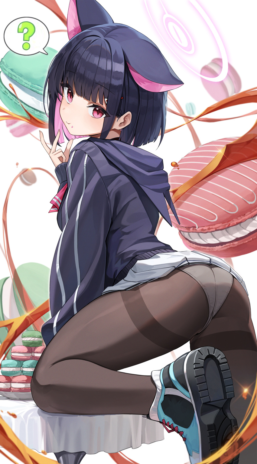 :t ? absurdres animal_ears ass black_hair black_pantyhose blue_archive blunt_bangs brown_pantyhose cat_ears eating extra_ears female food food_on_face hair_ornament halo highres hood hoodie hutosutoro kazusa_(blue_archive) long_sleeves looking_at_viewer macaron panties panties_under_pantyhose pantyhose pleated_skirt school_uniform shoes short_hair skirt sneakers solo spoken_question_mark standing standing_on_one_leg thighband_pantyhose underwear white_panties