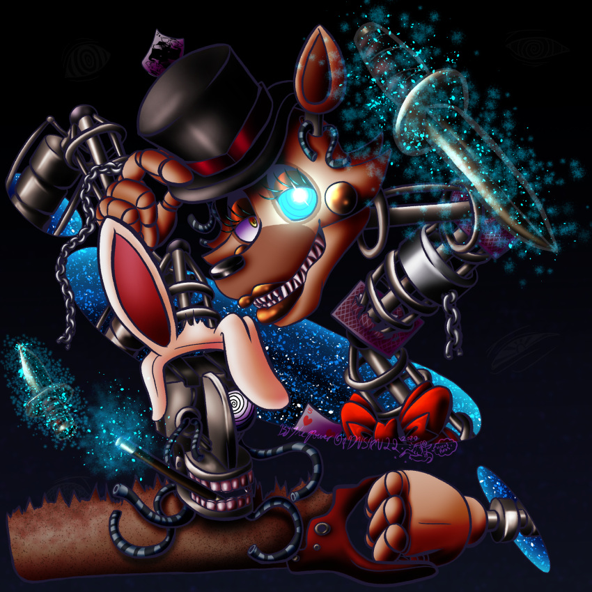 1:1 2020 3_fingers animatronic anthro black_background black_nose blue_sclera bow_tie broken brown_body bust_portrait bythepowerofduskull canid canine clothing cosplay digital_media_(artwork) eyelashes female fingers five_nights_at_freddy's five_nights_at_freddy's_2 five_nights_at_freddy's_ar fox fur glowing glowing_eyes grey_body half-closed_eyes hat headgear headwear hi_res lagomorph leporid lips lipstick long_ears looking_at_viewer machine magic magician magician_mangle_(fnaf) makeup mammal mangle_(fnaf) metal metallic metallic_body multicolored_body multicolored_eyes narrowed_eyes orange_lips orange_lipstick portrait rabbit robot rust rusty_saw saw scottgames sharp_teeth simple_background smile solo spiral_eyes tan_body teeth tipping_hat tools top_hat wand white_body white_eyes white_fur wire yellow_eyes