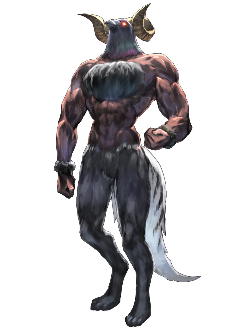 1other animal_head bird chest_hair chimera commentary_request curled_horns full_body fusion glowing glowing_eyes hatotaurus_(ookami_mio) highres hololive horns izumi_sai muscular muscular_other nude official_art pigeon red_eyes sheep_horns solo standing tail transparent_background virtual_youtuber wolf_legs wolf_tail wrist_cuffs