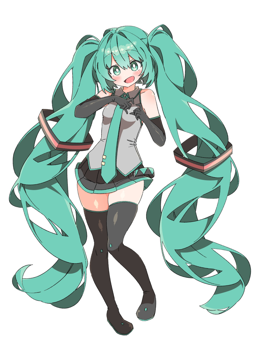 absurdly_long_hair absurdres bare_shoulders black_footwear black_gloves black_skirt blush boots bright_pupils collared_shirt commentary elbow_gloves female full_body gloves green_eyes green_hair green_necktie grey_shirt hair_ornament hands_up hatsune_miku heart heart_hands highres long_hair looking_at_viewer miniskirt necktie open_mouth pleated_skirt shirt simple_background skirt sleeveless sleeveless_shirt smile solo standing tachi-e thigh_boots thighs twintails uruti_2388 very_long_hair vocaloid white_background white_pupils