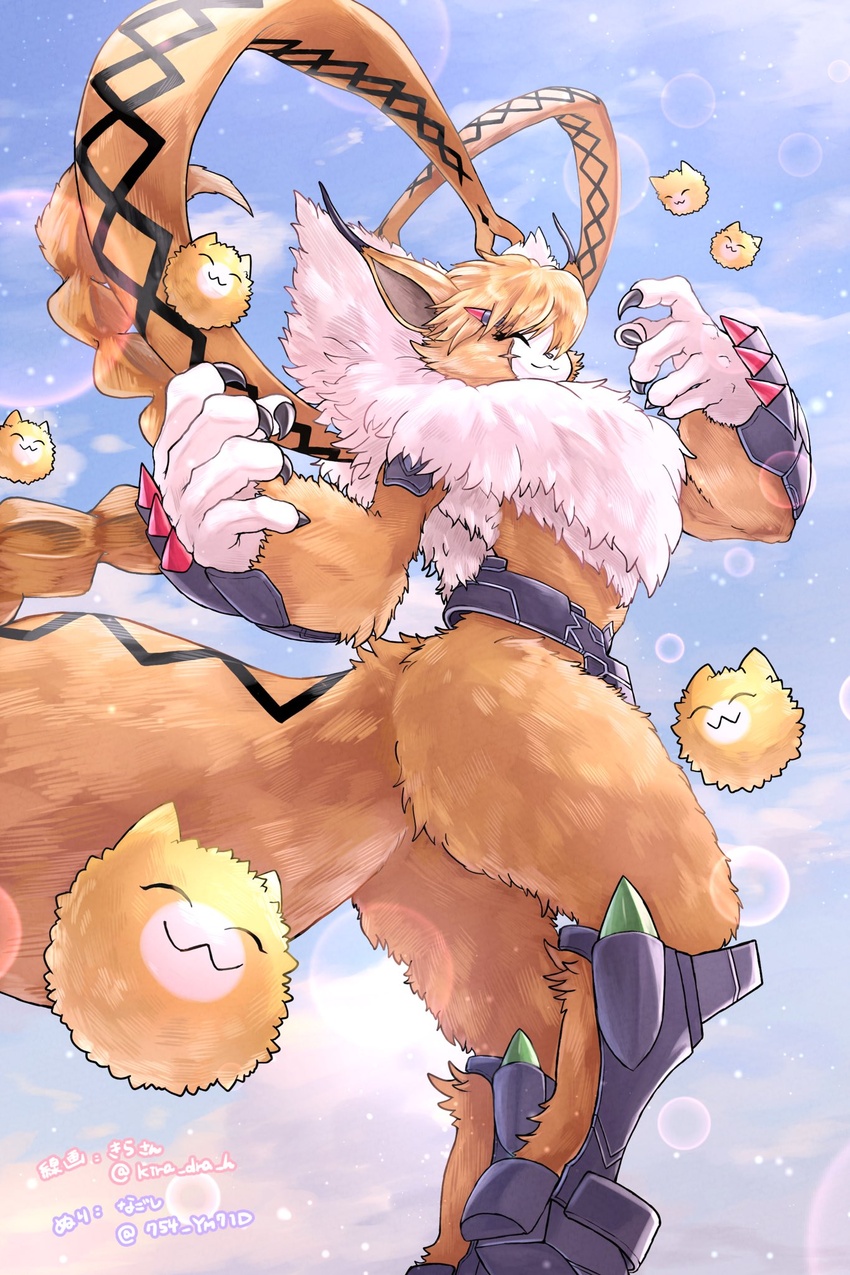 754_ym71d anthro armor ass bandai_namco belt butt_pose claws clothing digimon digimon_(species) domestic_cat felid feline felis fluffy fluffy_chest fur gauntlets gloves handwear hi_res maine_coon mammal meicrackmon meicrackmon_(original) meicrackmon_normal_mode orange_body orange_fur pose shin_guards smile solo white_body white_fur