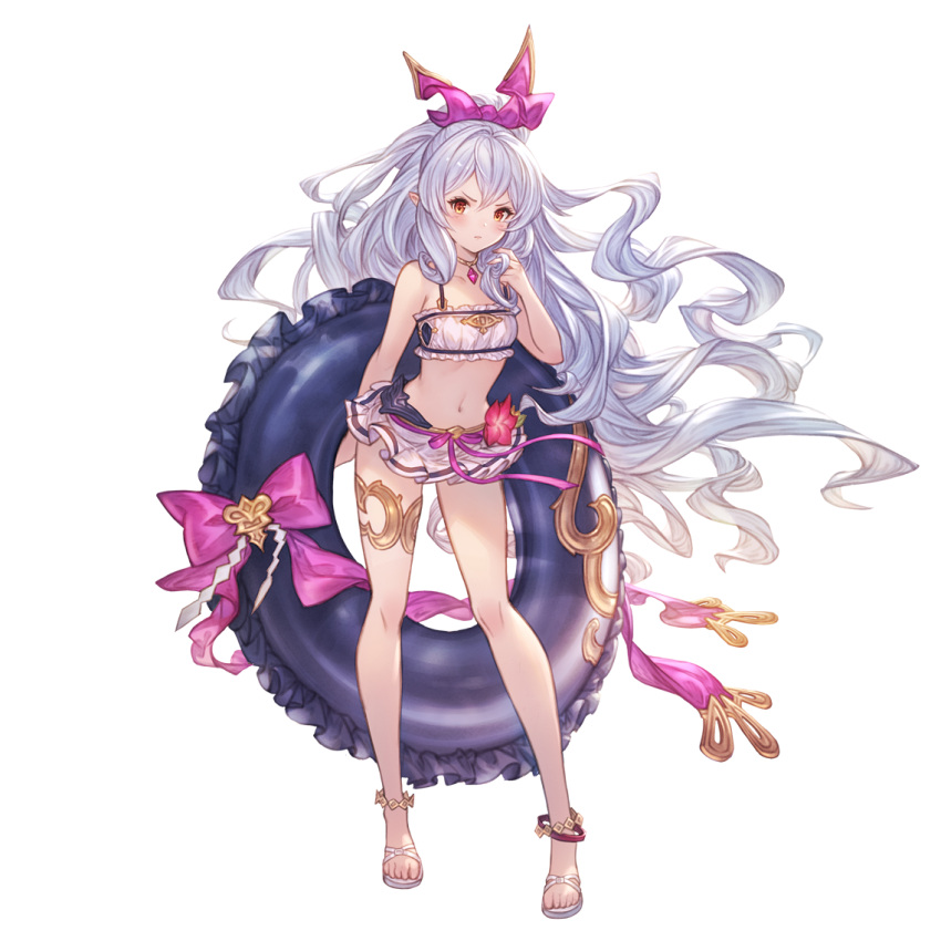 anklet bare_shoulders bikini blush breasts closed_mouth female full_body granblue_fantasy hair_ornament hair_ribbon hand_in_own_hair holding holding_own_hair innertube jewelry long_hair looking_at_viewer medusa_(shingeki_no_bahamut) medusa_(summer)_(granblue_fantasy) navel necklace official_alternate_costume official_art pink_ribbon pointy_ears ponytail red_eyes ribbon sandals small_breasts solo standing swim_ring swimsuit transparent_background very_long_hair white_bikini white_hair