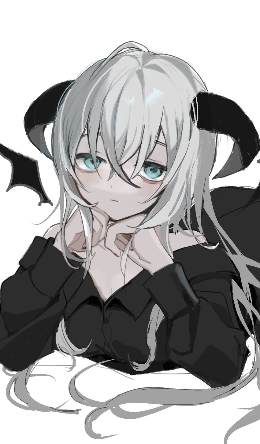 bad_id bad_twitter_id bags_under_eyes black_shirt female green_eyes grey_hair highres horns long_hair looking_at_viewer lying migihidari_(puwako) mini_wings on_stomach original shirt simple_background solo white_background wings