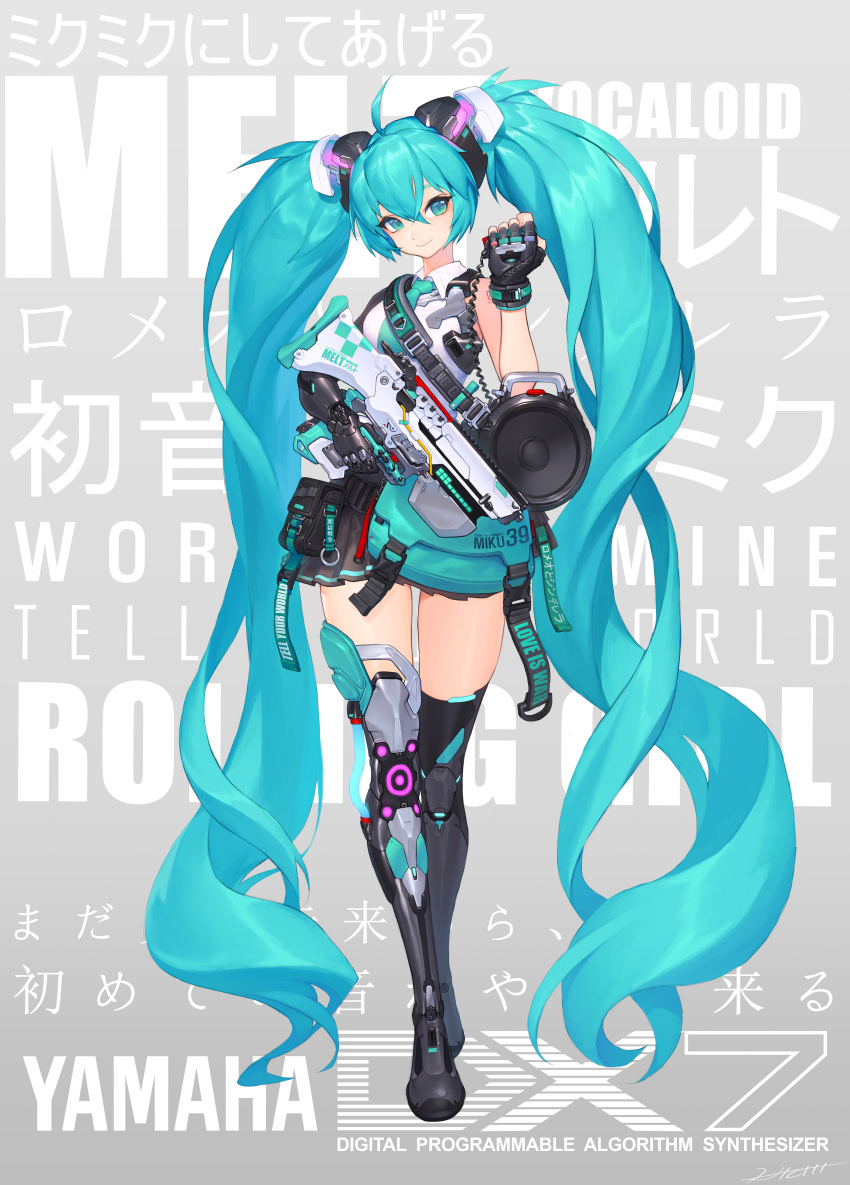 absurdly_long_hair absurdres adapted_costume ahoge aqua_eyes aqua_hair aqua_necktie black_gloves black_thighhighs commentary controller cyborg english_text female fingerless_gloves full_body gloves gun hair_between_eyes hatsune_miku headgear hichi highres holding holding_gun holding_weapon long_hair mechanical_arms mechanical_legs military_operator mixed-language_commentary necktie pouch public_address_system remote_control science_fiction shirt shoulder_tattoo single_glove single_mechanical_arm single_mechanical_leg single_thighhigh sleeveless sleeveless_shirt smile solo song_name speaker submachine_gun suspenders_hanging tactical_clothes tattoo thighhighs translated trigger_discipline twintails very_long_hair vocaloid weapon