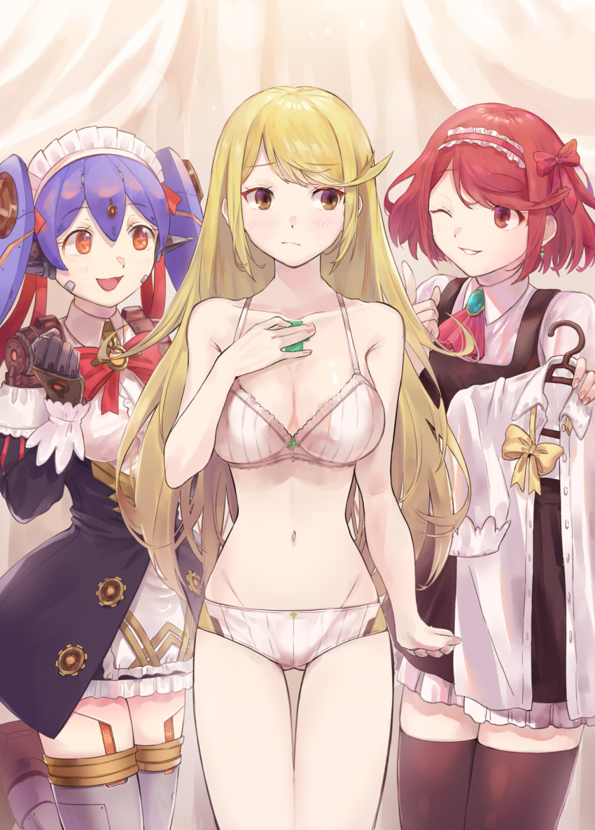 3girls android blonde_hair blush bob_cut bra breasts brown_eyes changing_clothes cleavage clenched_hand dress earrings frilled_hairband frills fujie-yz gears hair_ribbon hairband hand_on_own_chest highres index_finger_raised jewelry long_hair maid maid_headdress multiple_girls mythra_(xenoblade) open_mouth panties poppi_(xenoblade) poppi_qt_(xenoblade) pyra_(xenoblade) red_eyes red_ribbon ribbon short_hair smile underwear unworn_clothes white_bra white_panties xenoblade_chronicles_(series) xenoblade_chronicles_2 yellow_eyes yellow_ribbon