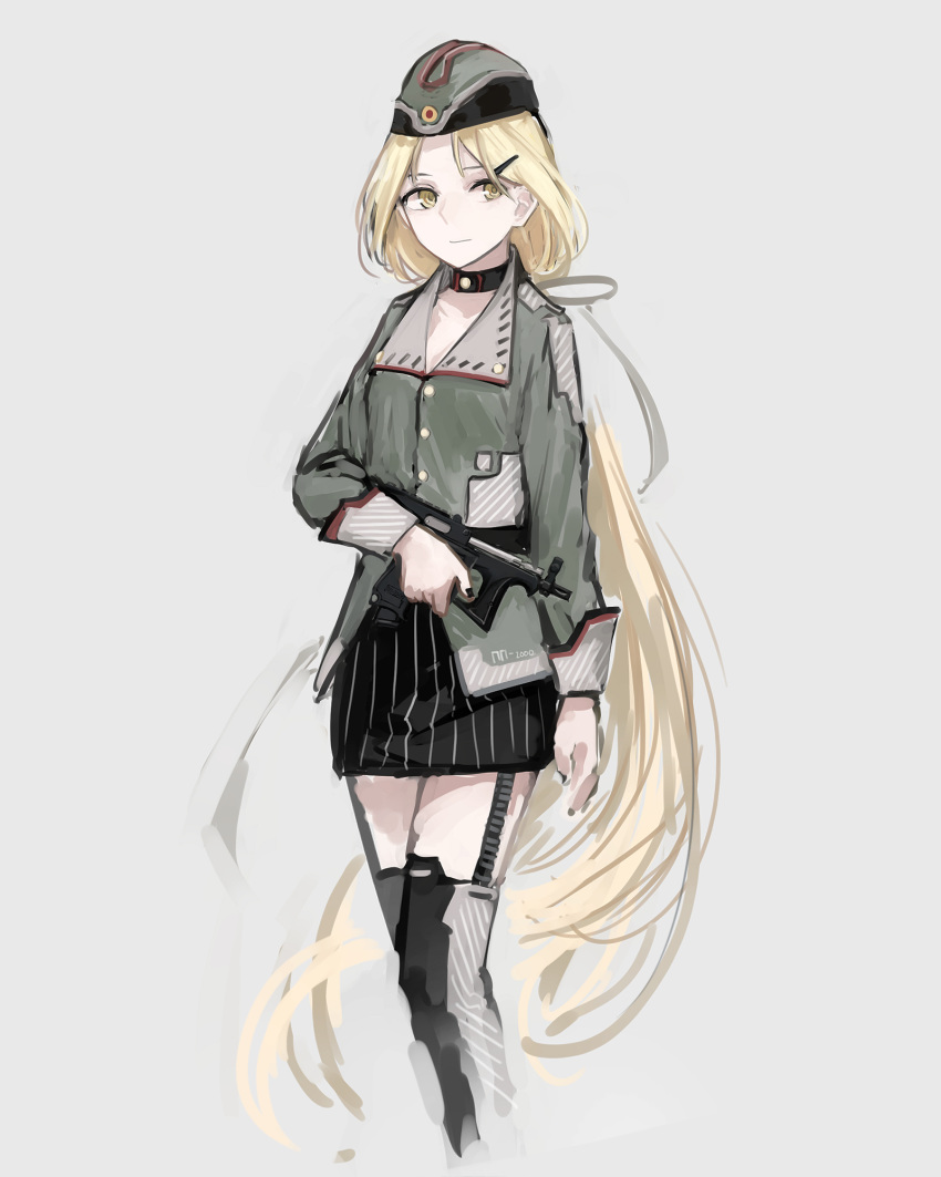 absurdly_long_hair black_skirt blonde_hair buttons choker closed_mouth commentary cropped_legs feet_out_of_frame female garrison_cap garter_straps girls'_frontline green_hat green_jacket grey_background gun hair_ornament hairclip hat highres holding holding_weapon jacket long_hair miniskirt pinstripe_pattern ponytail pp-2000 pp-2000_(girls'_frontline) rampart1028 simple_background skirt sleeve_cuffs solo standing striped submachine_gun very_long_hair weapon yellow_eyes