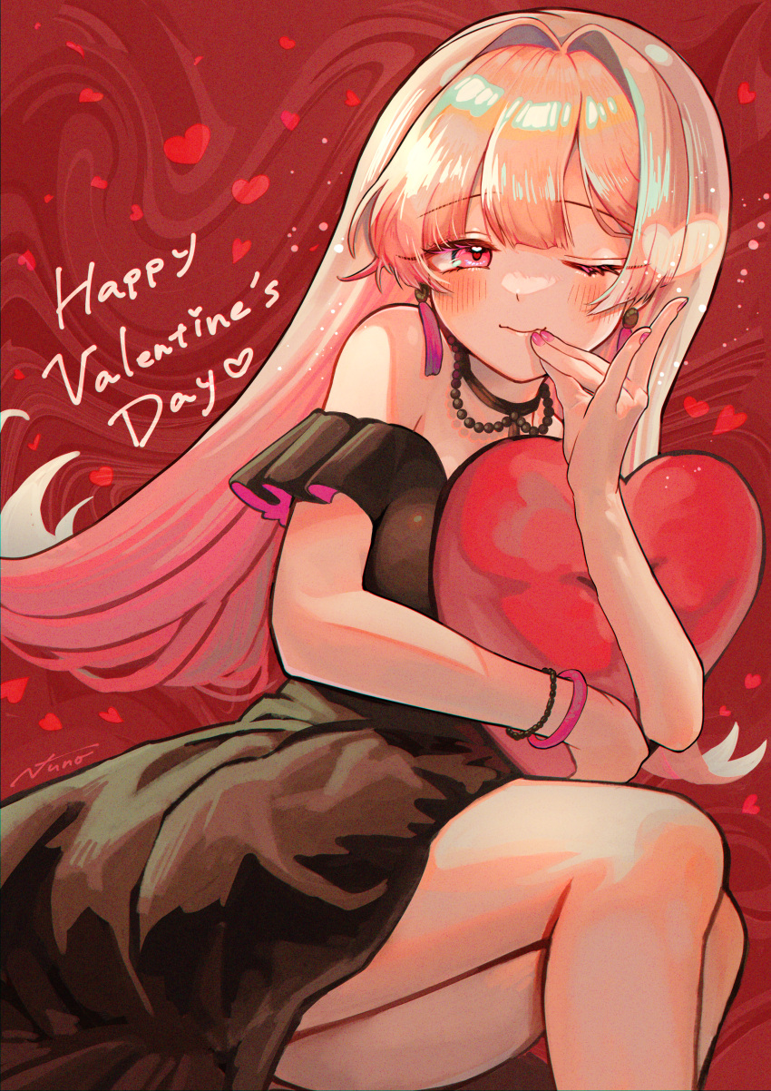 ;) absurdres adapted_costume alternate_costume bare_shoulders black_dress blonde_hair blush bracelet commentary_request commission dress earrings female fingers_to_mouth fox_shadow_puppet gradient_hair happy_valentine heart highres jewelry long_hair looking_at_viewer makurano_neena multicolored_hair nail_polish one_eye_closed pink_eyes pink_hair pink_nails production_kawaii signature skeb_commission smile solo tassel tassel_earrings valentine virtual_youtuber yukinuno