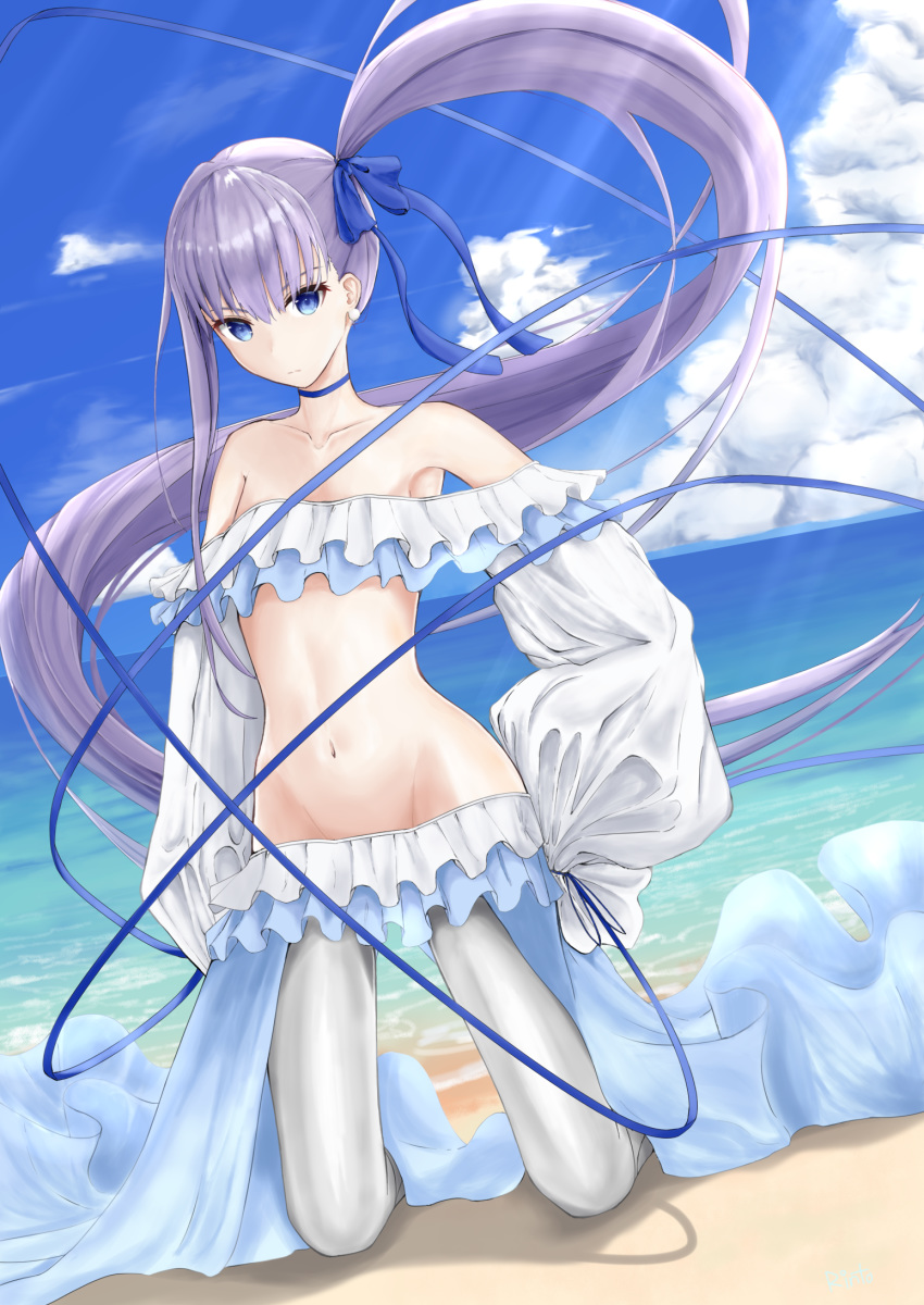 bare_shoulders beach bikini blue_eyes blue_ribbon blue_sky breasts choker closed_mouth collarbone commentary day earrings fate/grand_order fate_(series) female frilled_bikini frills hair_ribbon highres jewelry kneeling long_hair long_sleeves looking_at_viewer meltryllis_(fate) meltryllis_(swimsuit_lancer)_(fate) meltryllis_(swimsuit_lancer)_(third_ascension)_(fate) ocean off-shoulder_bikini off_shoulder outdoors pantyhose puffy_sleeves purple_hair ribbon rinto_(ronto66) side_ponytail sky sleeves_past_fingers sleeves_past_wrists small_breasts solo swimsuit thighs very_long_hair white_bikini white_pantyhose