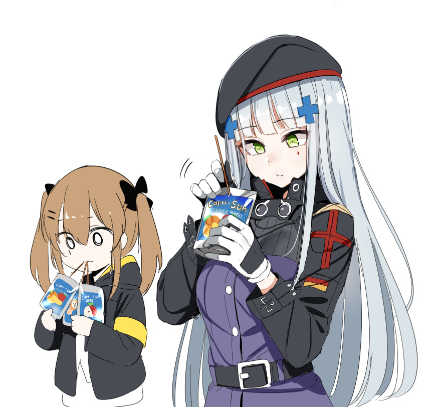 2girls 404_(girls'_frontline) :3 absurdres belt beret black_jacket brown_hair capri_sun cross dickbomber drinking drinking_straw drinking_straw_in_mouth facial_mark food fruit girls'_frontline gloves green_eyes grey_hair hair_between_eyes hair_ornament hair_ribbon hat highres hk416_(girls'_frontline) iron_cross jacket juice_box korean_commentary long_hair military_jacket multiple_girls ribbon scar scar_across_eye scar_on_face simple_background teardrop twintails ump9_(girls'_frontline) very_long_hair white_background x_hair_ornament