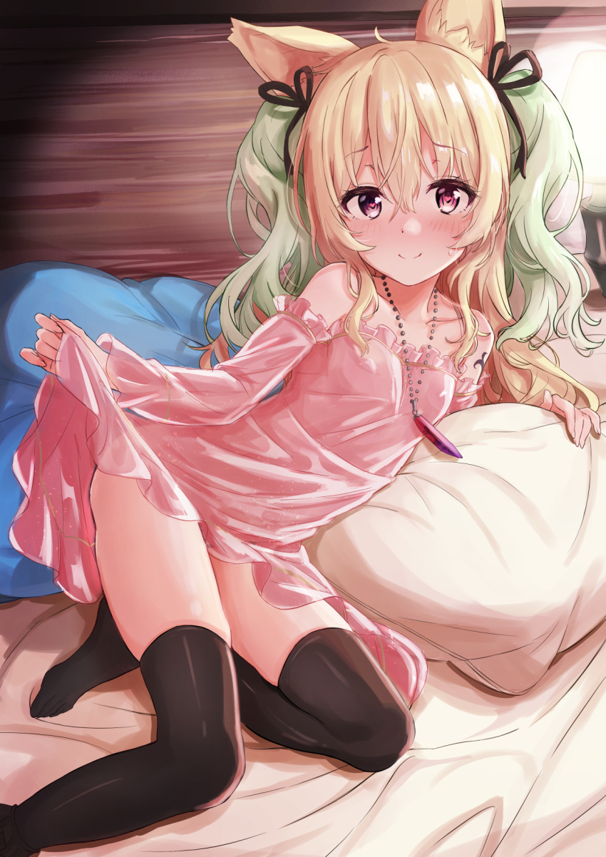 animal_ear_fluff animal_ears ata_(tsumari) bare_shoulders bed bedroom black_thighhighs blonde_hair blush breasts cat_ears cat_girl clothes_lift covered_nipples detached_sleeves dress dress_lift female heart heart_in_eye highres indoors jewelry legs lifting_own_clothes long_hair looking_at_viewer lying necklace nightgown nightgown_lift on_side original pillow pink_dress pink_eyes pink_nightgown pink_sleeves ribbon small_breasts smile solo symbol_in_eye thighhighs thighs two_side_up