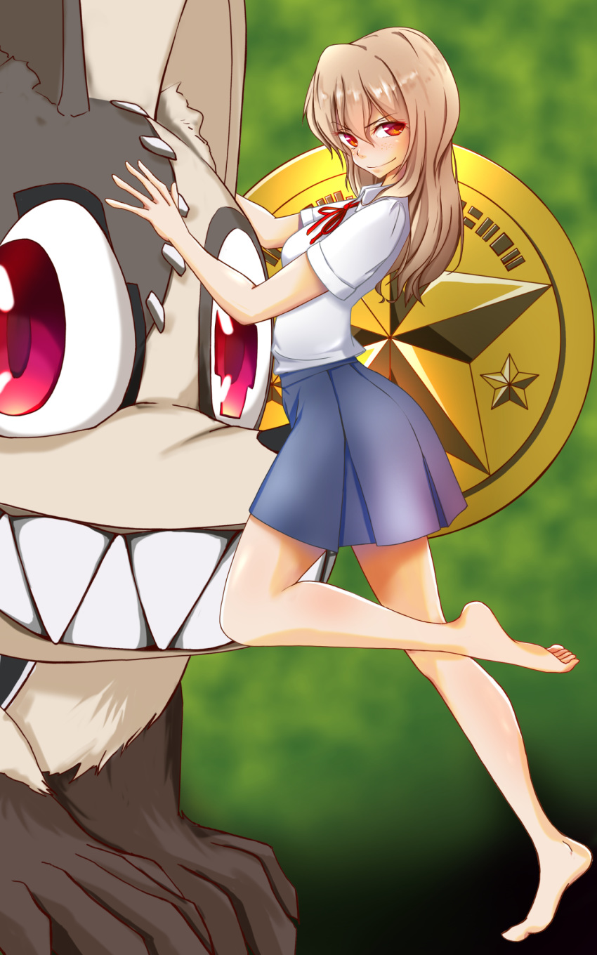 1boy aoki_clair blonde_hair breasts female freckles fujish gleipnir_(series) hair_between_eyes highres kagaya_shuichi looking_at_viewer monster_boy monsterification red_eyes school_uniform sharp_teeth shirt stitches symbol-shaped_eyes teeth