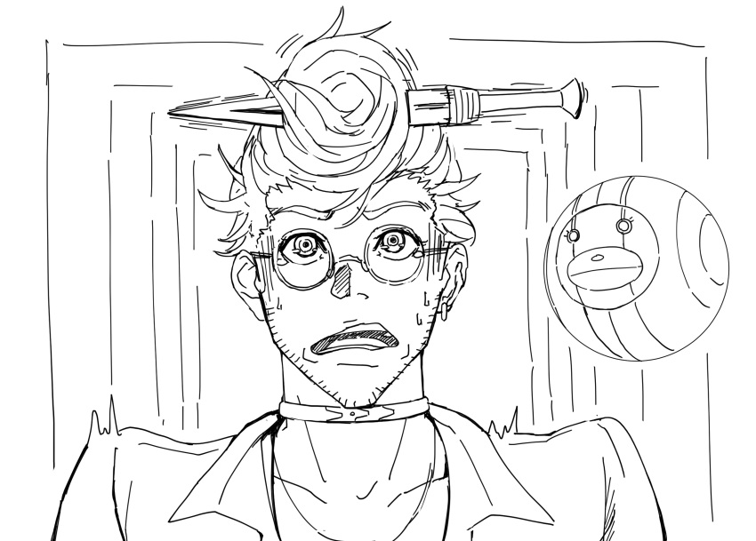 1boy :o akudama_drive collar earrings facial_hair glasses greyscale highres hoodlum_(akudama_drive) indoors jewelry knife_in_hair looking_at_viewer male_focus monochrome orb scared simple_background single_earring solo sosona stubble sweatdrop upper_body white_background