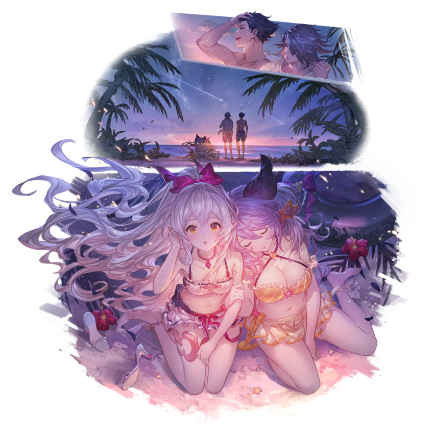 2boys 2girls adjusting_hair alternate_costume animal_ears anklet baal_(granblue_fantasy) bare_shoulders barefoot bikini black_hair breasts cleavage closed_eyes curly_hair floating_hair from_above granblue_fantasy hair_ornament hair_ribbon hand_in_own_hair jewelry large_breasts long_hair looking_at_viewer medusa_(shingeki_no_bahamut) medusa_(summer)_(granblue_fantasy) multiple_boys multiple_girls navel necklace nezha_(granblue_fantasy) ocean official_alternate_costume official_art parted_lips pink_ribbon ponytail red_eyes ribbon sandals satyr_(granblue_fantasy) shoes short_hair sitting small_breasts standing swimsuit transparent_background unworn_shoes very_long_hair wariza wavy_hair white_bikini yellow_bikini yokozuwari