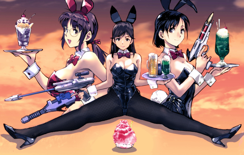 3girls alcohol animal_ears armband_girl_(kamisimo_90) beer beer_mug black_eyes black_footwear black_leotard black_pantyhose bow bowtie breasts brown_eyes cleavage cloud commentary_request cream_soda cup detached_collar fishnet_pantyhose fishnets food glasses gun high_heels ice_cream kamisimo_90 large_breasts leotard long_hair low_ponytail mug multiple_girls orange_sky original pantyhose playboy_bunny rabbit_ears rabbit_tail red_bow red_bowtie red_leotard shaved_ice short_hair sitting sky spread_legs strapless strapless_leotard sundae tail weapon wrist_cuffs