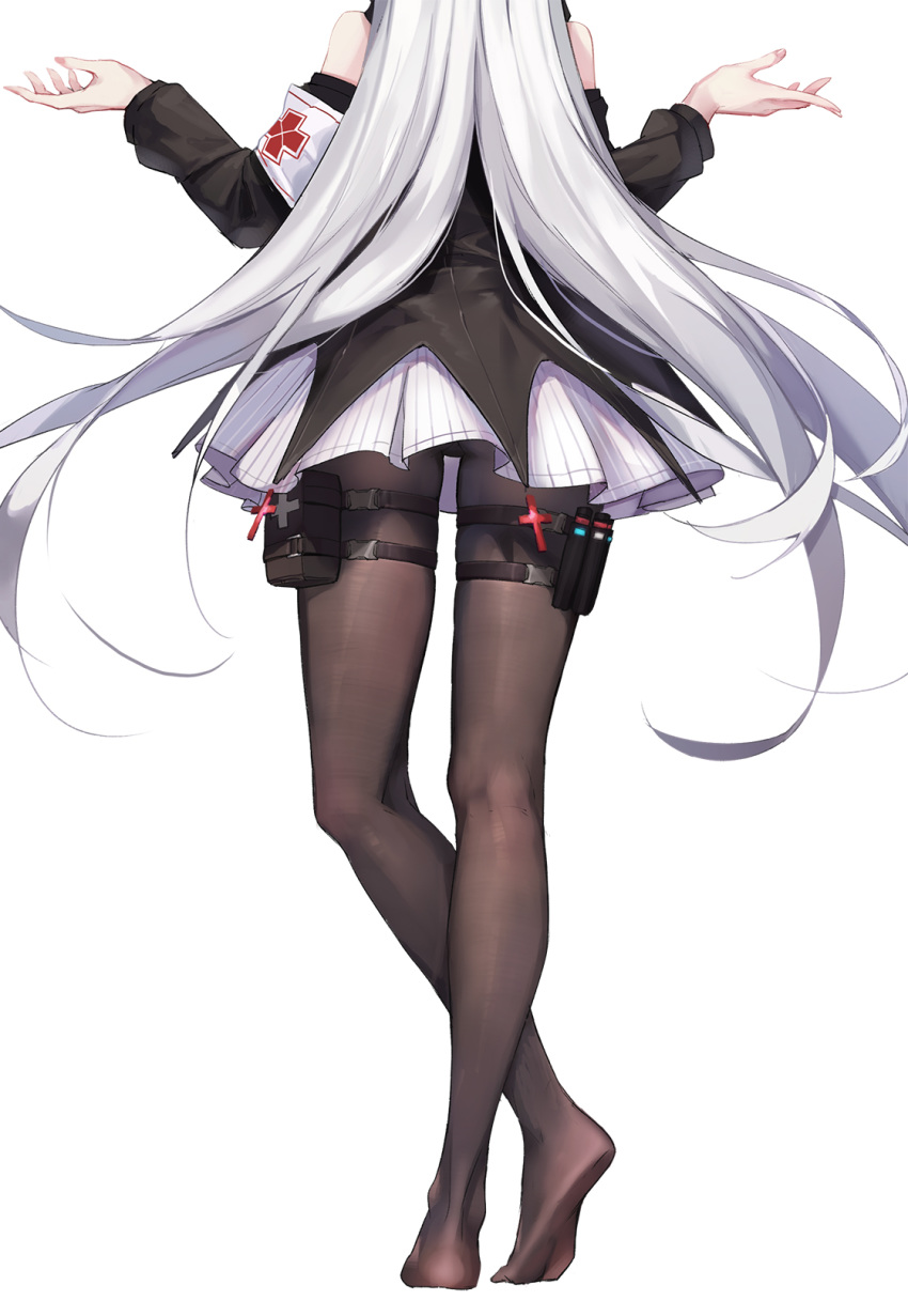 am1m arknights armband bare_shoulders black_dress black_pantyhose cross dress facing_away female from_behind hands_up head_out_of_frame highres long_hair long_legs long_sleeves no_shoes pantyhose pouch short_dress simple_background solo standing thigh_pouch very_long_hair warfarin_(arknights) white_background white_hair