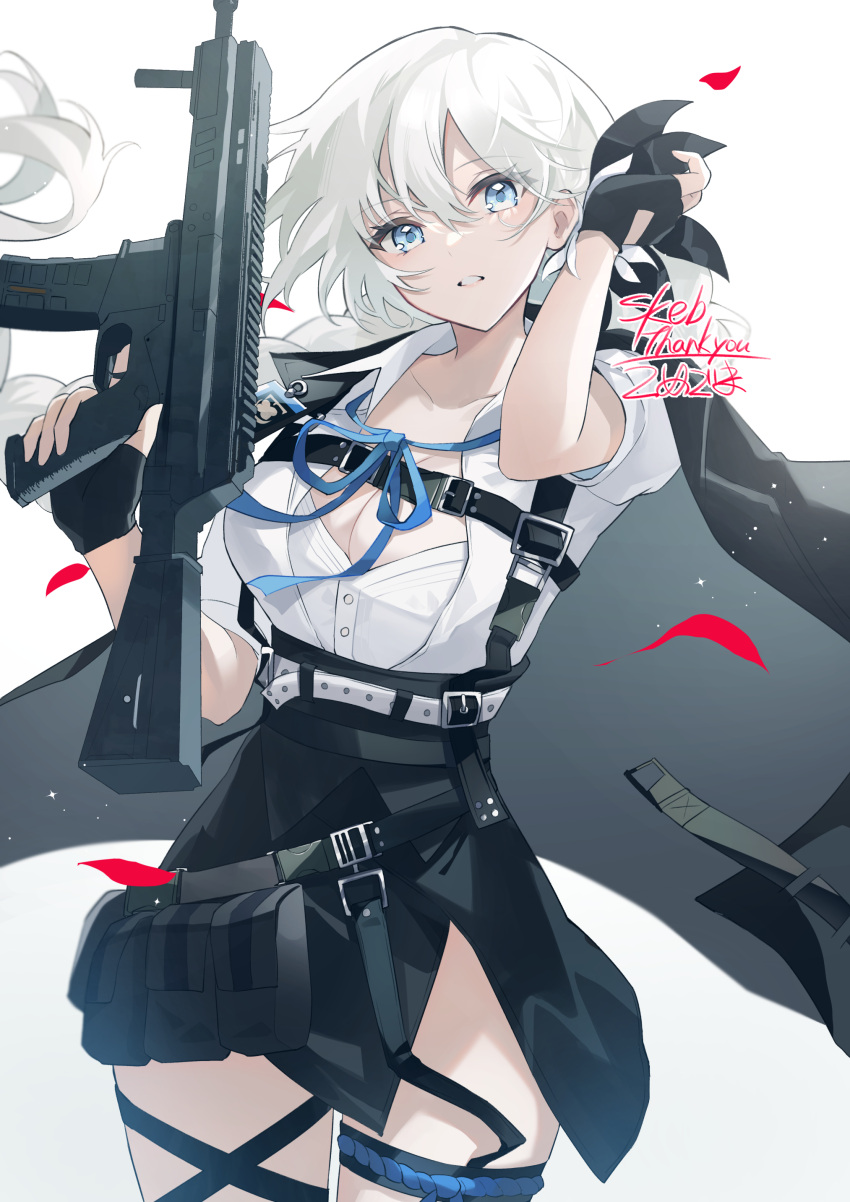 absurdres apc556_(girls'_frontline) b&t_apc556 belt belt_pouch black_skirt blue_eyes breasts chest_harness cleavage collarbone commentary_request commission falling_petals female girls'_frontline gun hair_between_eyes harness highres holding holding_gun holding_weapon jacket jacket_on_shoulders komegoma505 large_breasts long_hair looking_at_viewer open_clothes open_shirt parted_lips petals ponytail pouch side_slit signature simple_background skeb_commission skirt solo thigh_strap weapon white_background white_hair