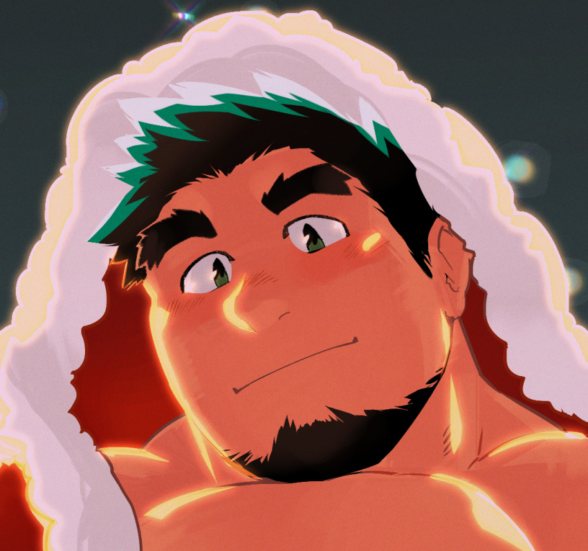 1boy bara black_hair blush christmas cityscape close-up coat facial_hair forked_eyebrows fur-trimmed_coat fur_trim goatee green_hair higemorigen hood hooded_coat male_focus multicolored_hair muscular muscular_male open_clothes open_coat original pectorals portrait red_coat santa_costume short_hair smile solo two-tone_hair