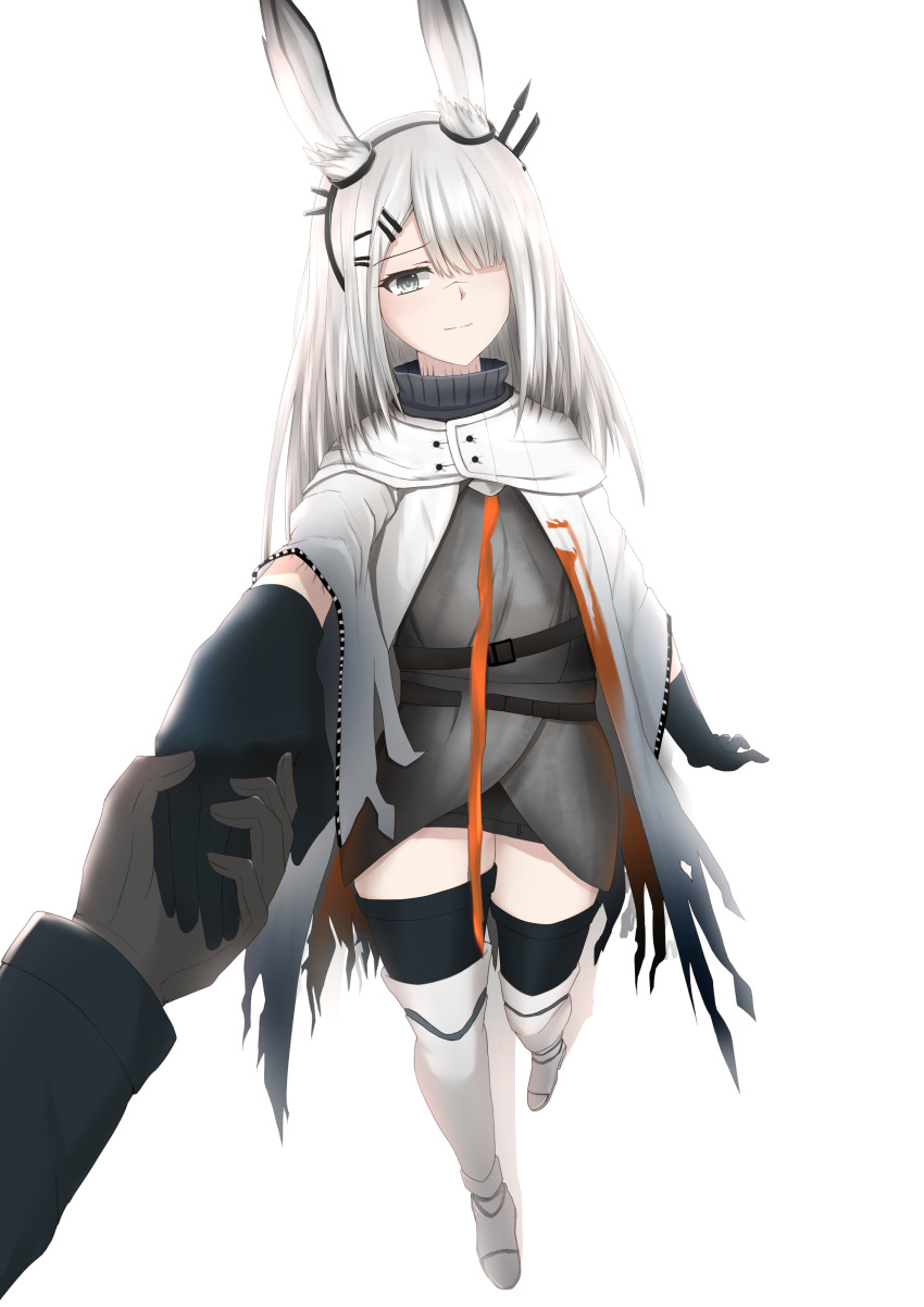 1other absurdres ambiguous_gender animal_ears arknights calvaires commentary disembodied_hand female frostnova_(arknights) gloves grey_eyes highres holding_hands long_hair other_focus outstretched_hand rabbit_ears scar scar_on_face scar_on_nose solo_focus white_hair