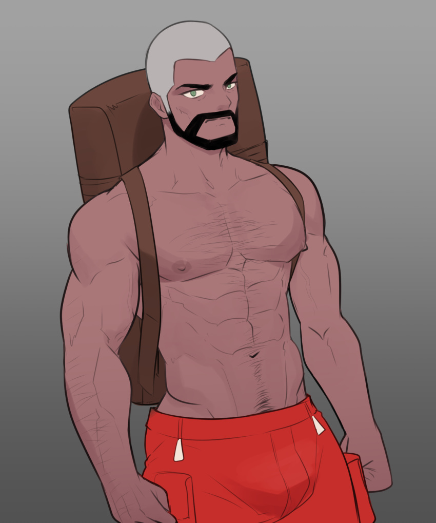 1boy abs bad_id bad_pixiv_id bald bara beard black_hair body_hair bulge chest_hair cowboy_shot dark-skinned_male dark_skin facial_hair green_eyes highres hunterkay large_pectorals looking_at_viewer male_focus mature_male muscular muscular_male navel navel_hair nipples pants pectorals peony_(pokemon) pokemon pokemon_swsh red_pants short_hair solo stomach topless_male