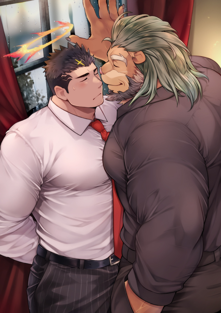 2boys animal_ears arsalan_(housamo) bara beard black_hair blush commentary_request facial_hair formal furry furry_male furry_with_non-furry green_hair halo highres interspecies large_pectorals lion_boy lion_ears lion_tail male_focus mature_male multicolored_hair multiple_boys muscular muscular_male necktie official_alternate_costume pants pectorals red_necktie short_hair sideburns streaked_hair striped_clothes striped_pants stubble tail tokyo_afterschool_summoners two-tone_hair wafu_(youzora_samo18) yaoi zabaniyya_(housamo)