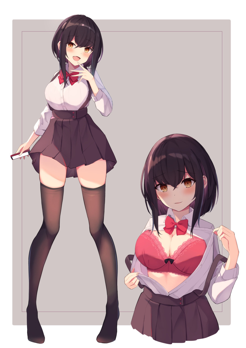 :d absurdres black_hair black_legwear black_skirt bow bow_bra bra breasts brown_eyes cellphone collared_shirt commentary_request dress_shirt female hand_up highres holding holding_phone lace lace-trimmed_bra lace_trim long_hair long_sleeves looking_at_viewer medium_breasts mizu_(lzzrwi603) multiple_views no_shoes oerba_yun_fang open_mouth original phone pleated_skirt red_bow red_bra shirt sidelocks skirt smile standing suspender_skirt suspenders thighhighs underwear white_shirt