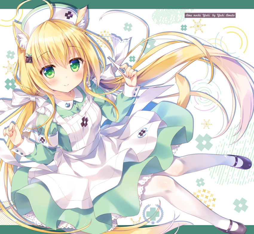 ameto_yuki animal_ear_fluff animal_ears apron armband artist_name black_footwear blonde_hair cat_ears chocomint_(ameto_yuki) closed_mouth commentary_request digital_thermometer dress female green_dress green_eyes hair_between_eyes hands_up hat highres long_hair low_twintails nurse nurse_cap original pantyhose pleated_dress safety_pin shoes smile solo thermometer twintails very_long_hair white_apron white_hat white_pantyhose