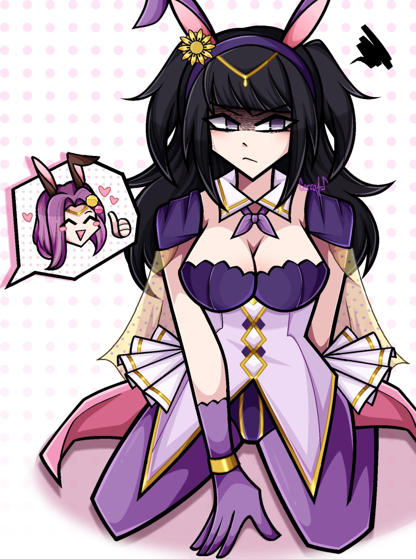 2girls 34cupofsalt animal_ears annoyed black_hair breasts cleavage english_commentary fire_emblem fire_emblem_awakening fire_emblem_echoes:_shadows_of_valentia fire_emblem_heroes gloves highres large_breasts multiple_girls official_alternate_costume playboy_bunny purple_gloves purple_hair rabbit_ears seiza shaded_face sitting sonya_(fire_emblem_gaiden) sonya_(spring)_(fire_emblem) tharja_(fire_emblem) tharja_(spring)_(fire_emblem) thumbs_up watermark