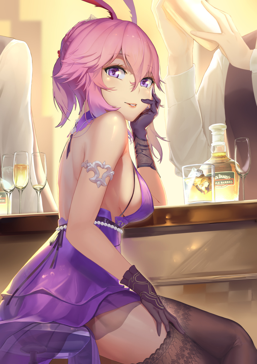 absurdres alcohol animal_ears armlet bad_id bad_pixiv_id bar_(place) bare_arms bottle breasts brown_gloves brown_legwear chinese_commentary commentary cup dress drinking_glass female from_side gloves hair_between_eyes hand_on_own_cheek hand_on_own_face hand_on_own_thigh hand_up highres honkai_(series) honkai_impact_3rd jack_daniel's jliaan long_hair looking_at_viewer looking_to_the_side medium_breasts out_of_frame parted_lips pink_hair ponytail purple_dress purple_eyes sideboob sleeveless sleeveless_dress solo_focus thighhighs whiskey yae_sakura yae_sakura_(flame_sakitama)