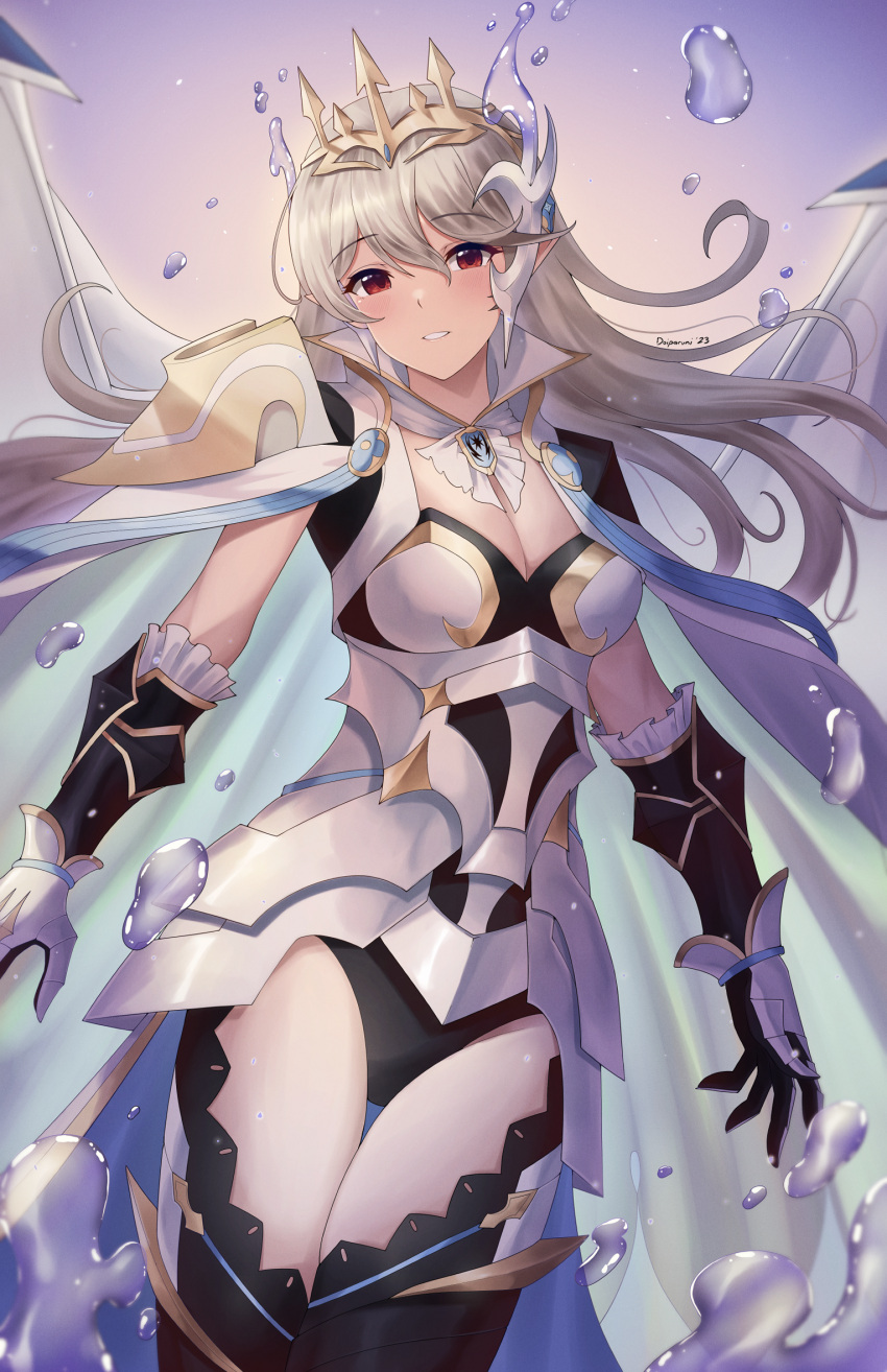 armor black_leotard breasts bubble cape cleavage corrin_(female)_(fire_emblem) corrin_(female)_(silent_bloodline)_(fire_emblem) corrin_(fire_emblem) cowboy_shot crown doiparuni english_commentary female fire_emblem fire_emblem_fates fire_emblem_heroes frills gloves grey_hair hair_between_eyes hair_ornament highres jewelry lace_thighhighs large_breasts leotard long_hair looking_at_viewer official_alternate_costume pointy_ears red_eyes see-through shoulder_armor simple_background smile solo