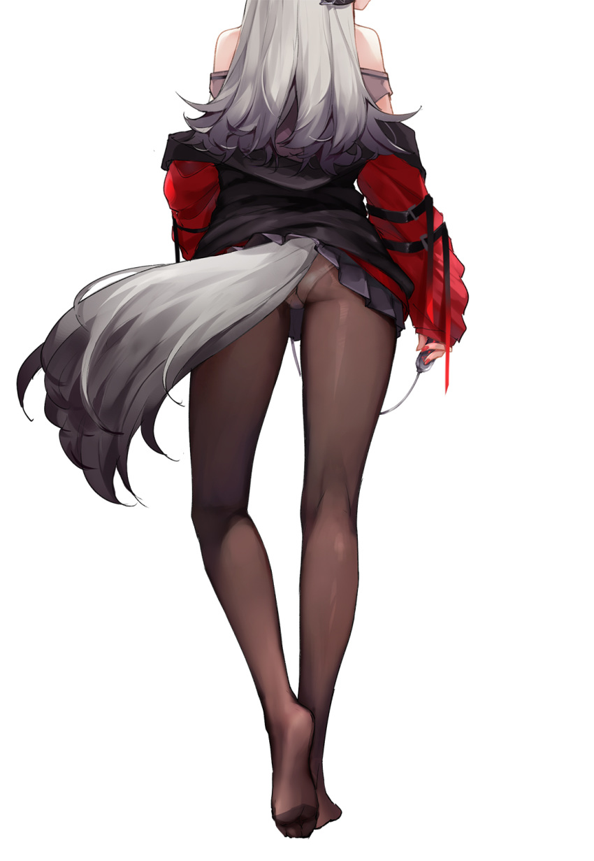 am1m arknights ass bare_shoulders black_jacket black_pantyhose black_skirt female fox_tail from_behind frostleaf_(arknights) grey_hair head_out_of_frame highres jacket lifted_by_tail long_legs miniskirt multicolored_clothes multicolored_jacket no_shoes panties panties_under_pantyhose pantyhose pleated_skirt red_jacket simple_background skirt solo standing tail underwear unworn_jacket white_background