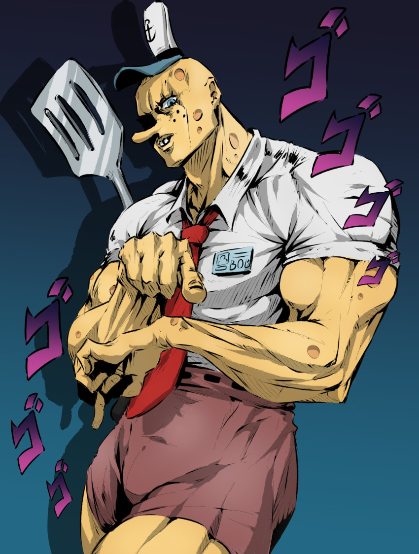 1boy araki_hirohiko_(style) bald blue_eyes buck_teeth bulge colored_skin commentary english_commentary freckles hat highres humanization jin_grey_paladin jojo_no_kimyou_na_bouken jojo_pose long_nose male_focus manly md5_mismatch menacing_(jojo) muscular name_tag necktie parody pointing pointing_at_viewer pose shirt short_sleeves shorts solo sound_effects spatula spongebob_squarepants spongebob_squarepants_(series) style_parody teeth thick_thighs thighs white_shirt yellow_skin