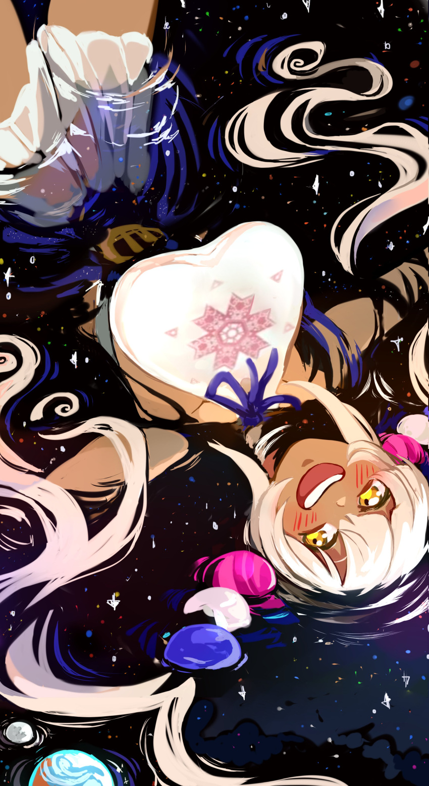 absurdres afloat breasts dark-skinned_female dark_skin earth_(planet) female fuyumim giant giantess hair_ornament highres hololive hololive_english large_breasts long_hair moon no_headgear planet planet_hair_ornament ripples space star_(sky) tsukumo_sana tsukumo_sana_(1st_costume) twintails very_long_hair virtual_youtuber white_hair yellow_eyes