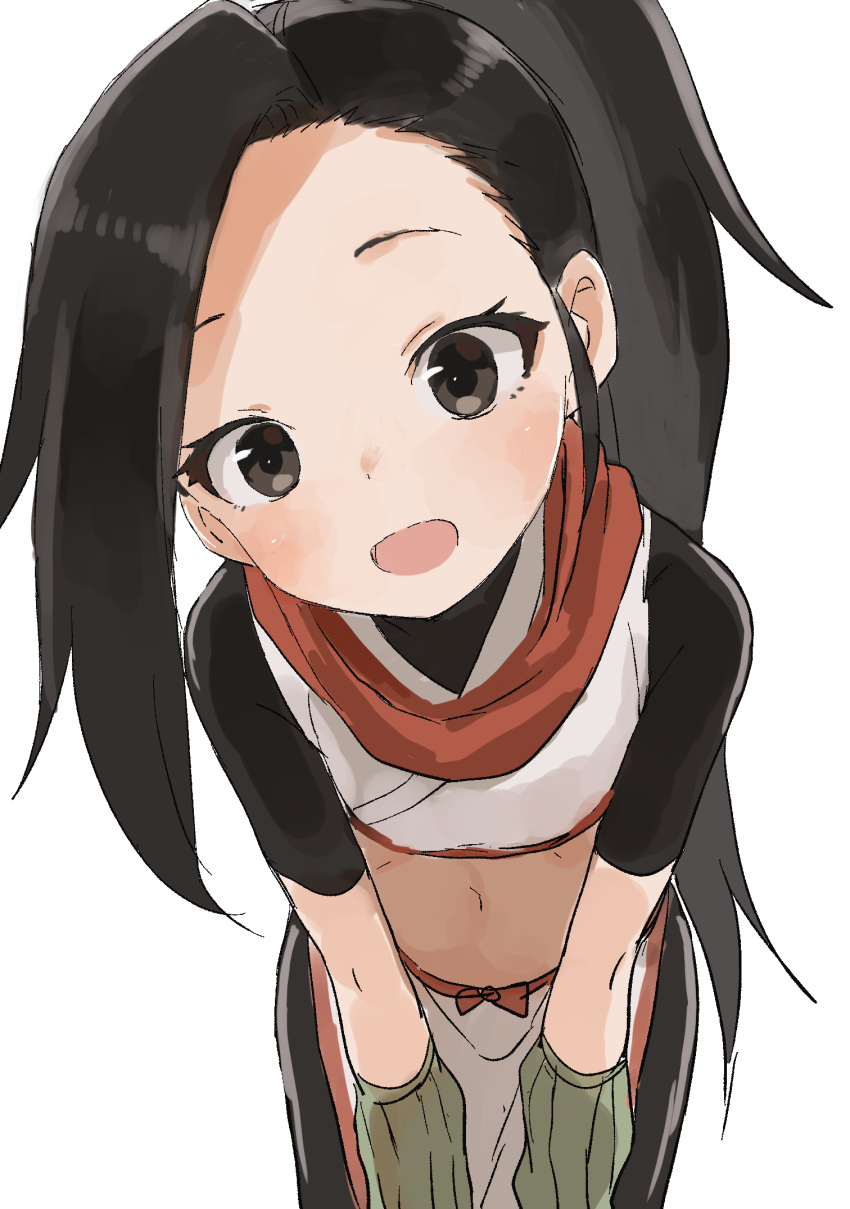 :d black_eyes black_hair commentary_request crop_top female forehead head_tilt highres jaggy_lines kunoichi_tsubaki_no_mune_no_uchi leaning_forward long_hair looking_at_viewer midriff navel open_mouth ponytail red_scarf scarf short_sleeves simple_background smile solo tsubaki_(kunoichi_tsubaki_no_mune_no_uchi) very_long_hair white_background yamamoto_souichirou