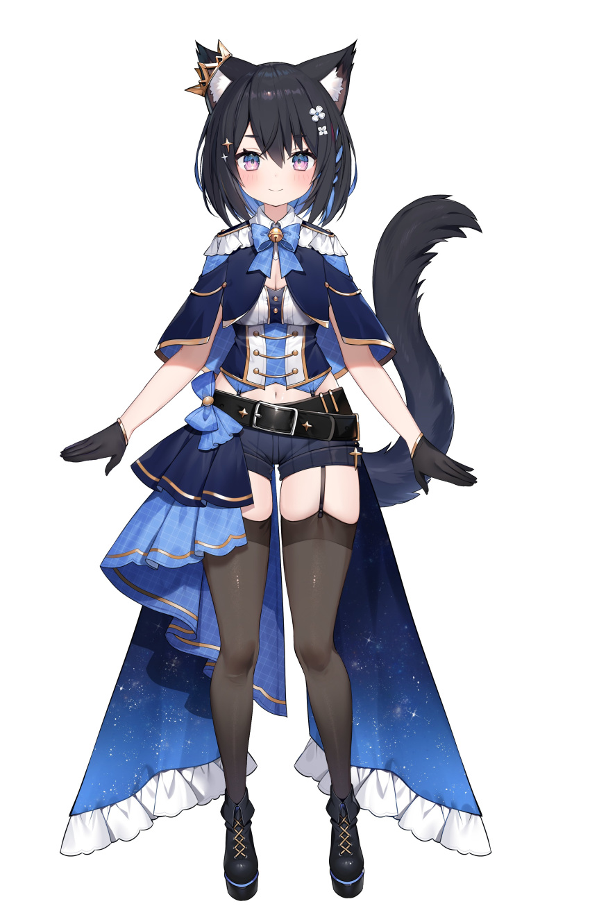 absurdres animal_ear_fluff animal_ears bangs banned_artist black_footwear black_hair black_legwear blue_cape blue_capelet blue_hair blue_shorts blush breasts cape capelet cat_ears cat_girl cat_tail colored_inner_hair female highres hoshina_suzu medium_breasts multicolored_hair muryotaro navel official_art purple_eyes second-party_source short_hair shorts skindentation smile solo tail thighhighs virtual_youtuber wactor_production white_background