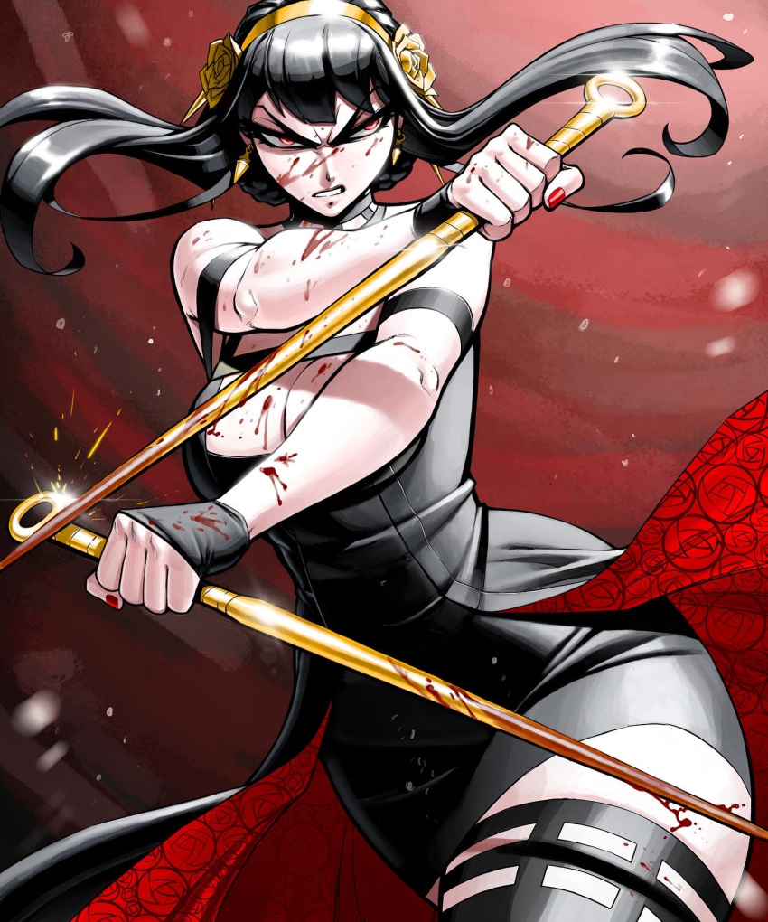 black_dress black_hair blood blood_on_clothes blood_on_face blood_on_hands blood_on_weapon blood_splatter breasts brown_background cleavage commentary cowboy_shot dagger dress dual_wielding english_commentary female fingernails floral_print flower flower_hairband glint hair_ornament hairband highres holding holding_dagger holding_knife holding_weapon jgeorgedrawz knife large_breasts long_hair looking_at_viewer looking_to_the_side mackintosh_rose multicolored_background red_background red_eyes red_nails rose rose_print serious solo spy_x_family stiletto_(weapon) weapon yellow_flower yellow_hairband yellow_rose yor_briar