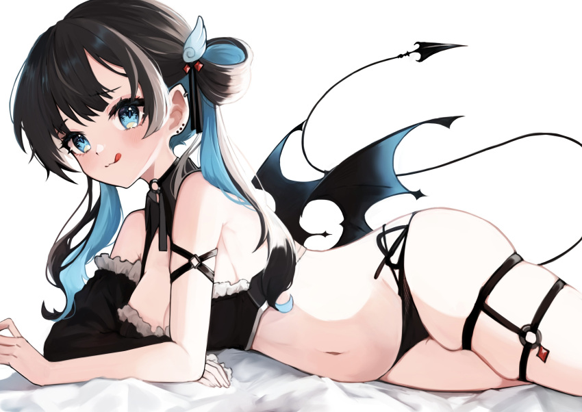 :q absurdres arm_strap black_choker black_hair blue_eyes blue_hair breasts choker cleavage cleavage_cutout clothing_cutout colored_inner_hair commentary_request demon_girl demon_tail demon_wings ear_piercing earrings female hair_rings highres jewelry long_hair looking_at_viewer lying mashiro_io medium_breasts multicolored_hair navel o-ring o-ring_arm_strap o-ring_choker o-ring_thigh_strap on_side original panties piercing pointy_ears side-tie_panties skindentation solo stomach tail thigh_strap tongue tongue_out twintails underwear wing_hair_ornament wings