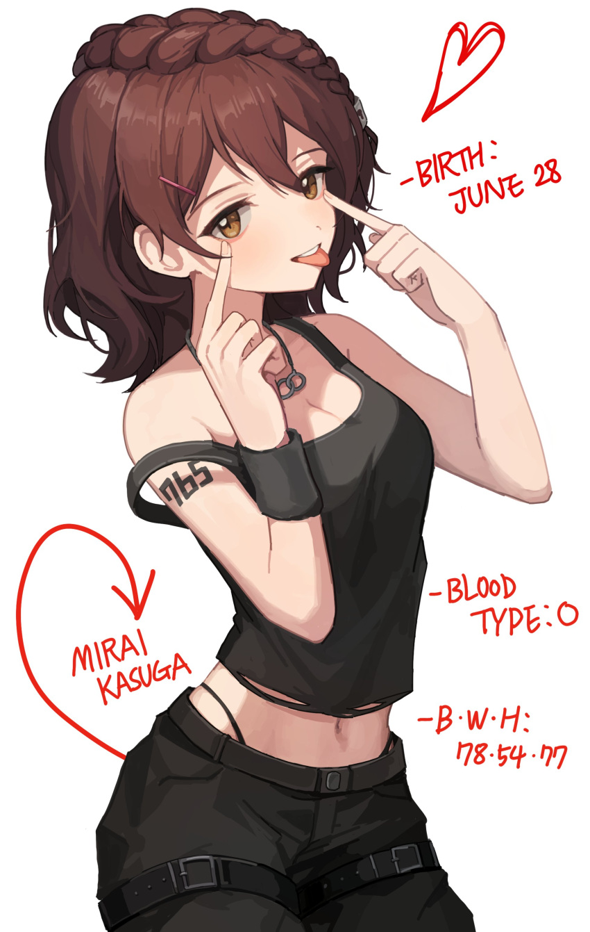 absurdres akanbe arm_tattoo arrow_(symbol) belt birthday black_panties black_pants black_tank_top blood_type braid breasts brown_eyes brown_hair character_name cleavage commentary eyelid_pull female hair_ornament hairclip hands_up hano9789 heart highres idolmaster idolmaster_million_live! idolmaster_million_live!_theater_days index_finger_raised jewelry kasuga_mirai light_blush looking_at_viewer measurements medium_breasts medium_hair midriff navel necklace panties pants single_bare_shoulder solo tank_top tattoo teeth thong tongue tongue_out underwear upper_teeth_only white_background wristband