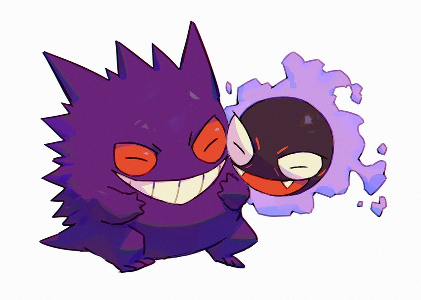 :d ambiguous_gender bluekomadori closed_eyes commentary cuddling english_commentary fangs gastly gengar ghost grin laughing no_humans open_mouth pokemon pokemon_(creature) smile smoke teeth white_background