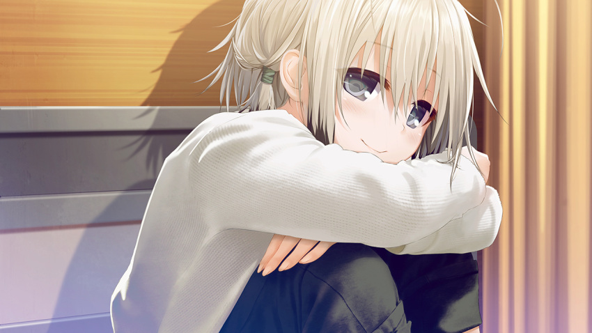 ai_(re:lief) black_pants closed_mouth female game_cg grey_eyes hair_between_eyes hair_ornament hugging_own_legs indoors kurono_mitsuki long_sleeves pants re:lief_~shin'ai_naru_anata_e~ short_hair sitting smile solo sweater white_hair white_sweater