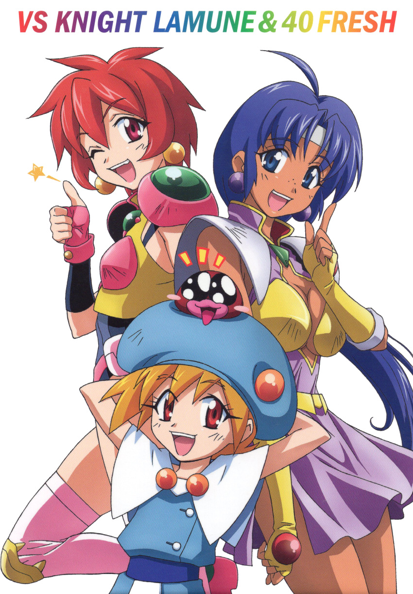 1990s_(style) 3girls ahoge arms_behind_head arms_up blonde_hair blue_eyes blue_hair blush_stickers breasts cacao_(lamune) copyright_name dark-skinned_female dark_skin earrings fingerless_gloves gloves hat headband height_difference highres index_finger_raised jewelry large_breasts lemon_(vs_knight_lamune_&_40_fresh) long_hair looking_at_viewer multiple_girls non-web_source official_art open_mouth parfait_(lamune) pq_(lamune) red_eyes red_hair retro_artstyle scan short_hair simple_background vs_knight_lamune_&_40_fresh white_background