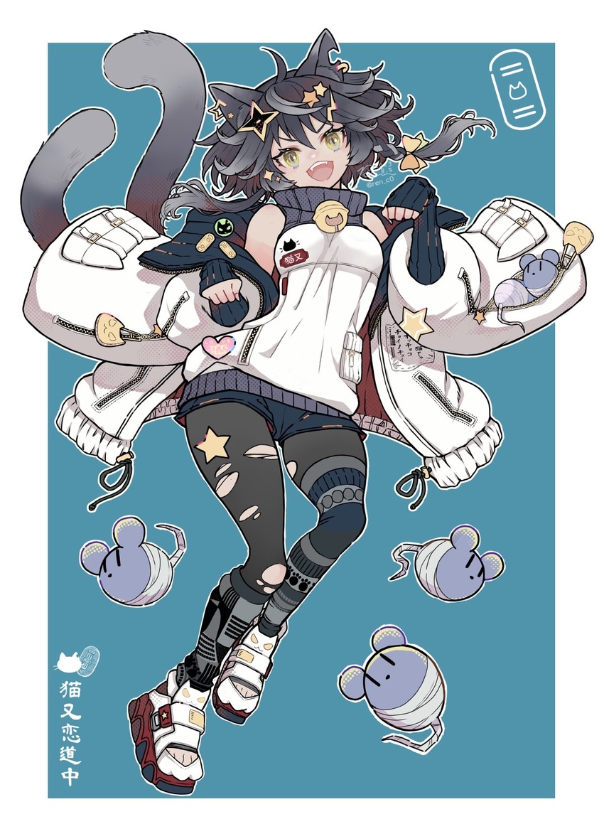 :d animal_ears bare_shoulders bell black_hair black_pantyhose black_shorts blue_background bow braid breasts cat_ears cat_girl cat_tail commentary_request ear_piercing fangs female full_body grey_sweater hair_between_eyes hair_ornament hairbow hands_up head_tilt highres jacket jingle_bell lightning_bolt_hair_ornament lightning_bolt_symbol long_sleeves medium_breasts multiple_tails neck_bell notched_ear open_clothes open_jacket original pantyhose pantyhose_under_shorts paw_pose piercing puffy_long_sleeves puffy_sleeves ren-co short_shorts shorts simple_background sleeveless sleeveless_turtleneck smile solo star_(symbol) sweater tail torn_clothes torn_pantyhose turtleneck turtleneck_sweater two_tails v-shaped_eyebrows white_footwear white_jacket yellow_bow yellow_eyes