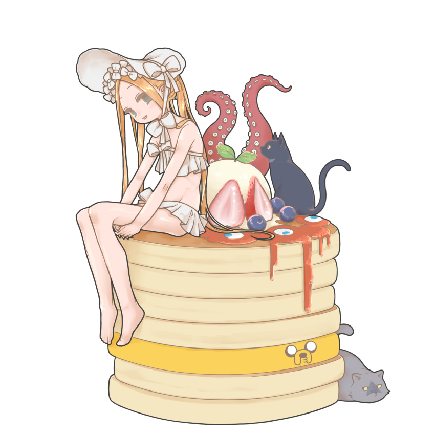 abigail_williams_(fate) abigail_williams_(swimsuit_foreigner)_(fate) abigail_williams_(swimsuit_foreigner)_(third_ascension)_(fate) adventure_time barefoot bikini black_cat blueberry bonnet bow expo2025 fate/grand_order fate_(series) feline female food forehead fruit green_eyes grey_cat highres jake_the_dog myaku-myaku oversized_object pancake pancake_stack parted_bangs parted_lips sitting strawberry swimsuit tentacle uewtsol white_bikini white_bow white_headwear