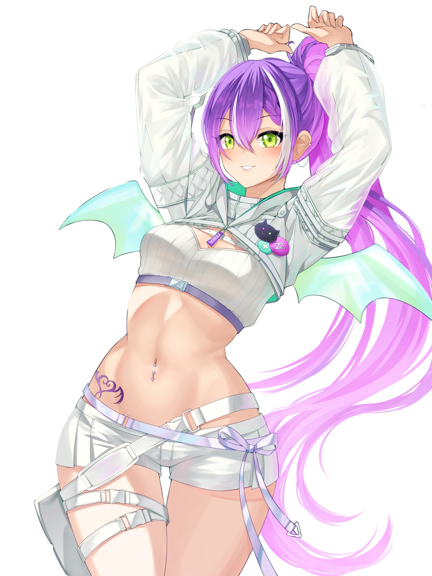 absurdres arms_up bandeau belt braid braided_bangs breasts buckle buyange character_name chest_strap commentary_request contrapposto cowboy_shot demon_wings ear_piercing female french_braid gradient_hair green_eyes grin high_ponytail highres hip_tattoo hololive hooded_shrug korean_commentary long_hair long_sleeves looking_at_viewer medium_breasts midriff multicolored_hair navel navel_piercing piercing pink_hair ponytail pouch purple_hair ribbed_bandeau ribbon see-through see-through_sleeves short_shorts shorts simple_background smile snap-fit_buckle solo stomach streaked_hair thigh_belt thigh_gap thigh_pouch thigh_strap tokoyami_towa tokoyami_towa_(5th_costume) very_long_hair virtual_youtuber white_background white_bandeau white_belt white_hair white_ribbon white_shorts white_shrug white_tail white_wings wide_hips winged_heart_tattoo wings zipper_pull_tab