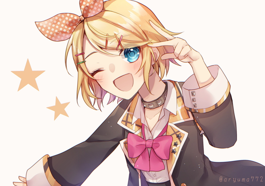 ;d aryuma772 black_coat blonde_hair blue_eyes blush bow bowtie coat collar collarbone collared_shirt commentary dress_shirt female highres kagamine_rin leo/need_(project_sekai) leo/need_rin long_sleeves nail_polish one_eye_closed open_clothes open_coat open_mouth pink_bow pink_bowtie project_sekai shirt short_hair smile solo swept_bangs twitter_username upper_body vocaloid w white_background white_shirt wing_collar yellow_nails