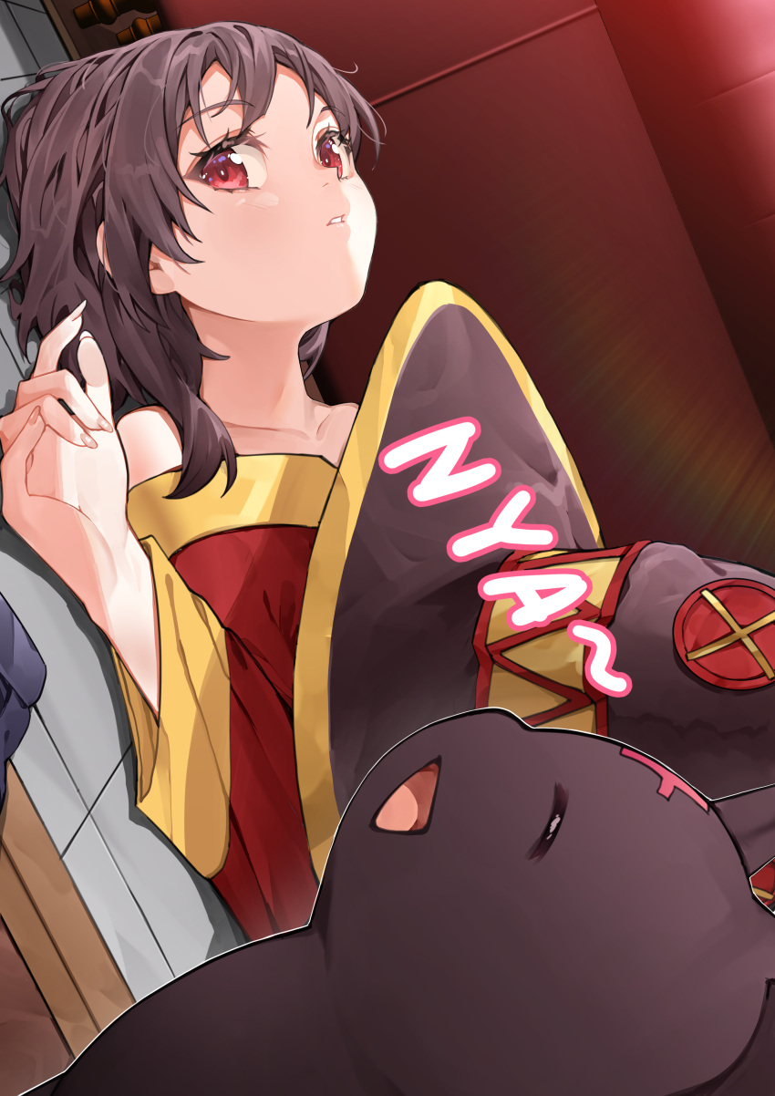 absurdres ai-nohikari bare_shoulders black_hair black_hat chomusuke commentary dress english_commentary feline female hand_up hat highres kono_subarashii_sekai_ni_shukufuku_wo! long_sleeves looking_at_viewer lying megumin off-shoulder_dress off_shoulder on_back parted_lips red_dress red_eyes short_hair solo unworn_hat unworn_headwear upper_body witch_hat