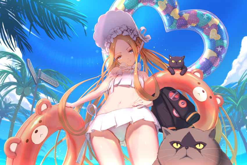 abigail_williams_(fate) abigail_williams_(swimsuit_foreigner)_(fate) abigail_williams_(swimsuit_foreigner)_(third_ascension)_(fate) bikini blonde_hair blue_eyes blue_sky bonnet closed_mouth cloud commentary_request day fate/grand_order fate_(series) feline female frilled_bikini frills hand_on_own_hip innertube innertube_with_ears long_hair looking_at_viewer navel ocean outdoors palm_tree sky smile stomach swim_ring swimsuit tenshin_kagehisa tree white_bikini