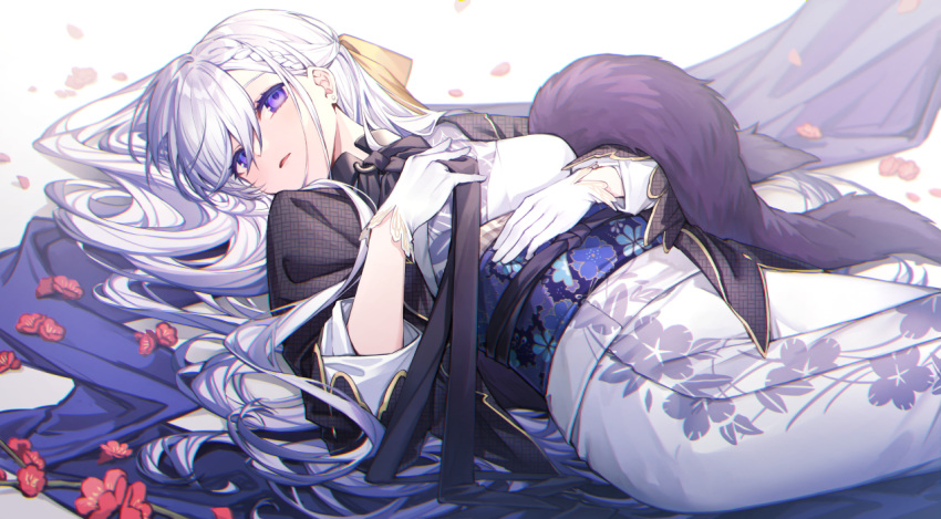 azur_lane belfast_(azur_lane) belfast_(folded_fascination)_(azur_lane) black_jacket braid breasts commentary_request coyucom earrings female floral_print gloves hair_over_one_eye hair_spread_out hand_on_own_chest hand_on_own_stomach jacket japanese_clothes jewelry kimono long_hair long_sleeves looking_at_viewer lying obi official_alternate_costume on_back open_clothes open_shirt parted_lips partial_commentary petals print_kimono purple_eyes sash shawl side_braid small_breasts solo stud_earrings very_long_hair white_gloves white_hair white_kimono yukata